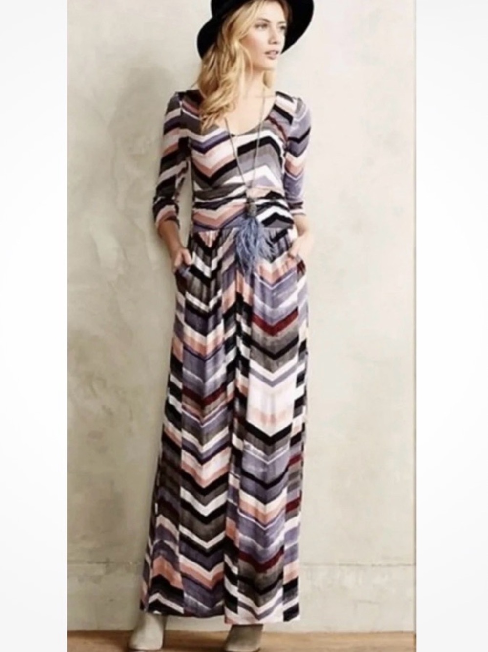 Anthropologie Maeve Novella Chevron Jersey Maxi Dress Pockets 3/4 Sleeves Sz XS